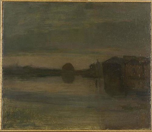 Riverscape in the evening, buildings at right, 1907, Piet Mondrian