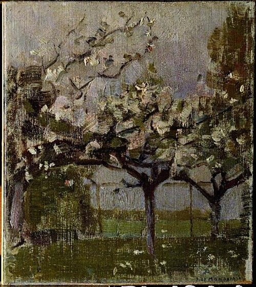 Blossoming trees before a haystack, 1903, Piet Mondrian
