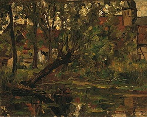 Saule suspendu au-dessus de l'eau devant une ferme et une église, 1905, Piet Mondrian