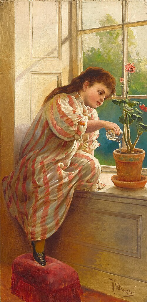 A young girl watering a geranium, , Karl Witkowski