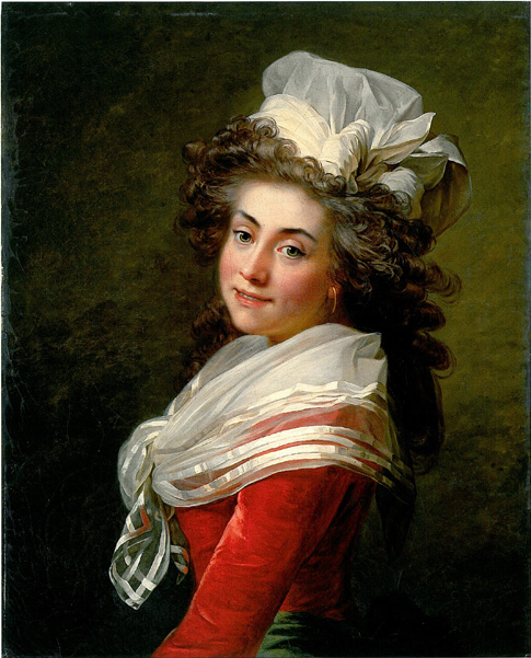 Portrait of the Marquise de Grécourt, née de la Fresnaye, in a red velvet dress with a white chiffon, 1790, Jean-Laurent Mosnier