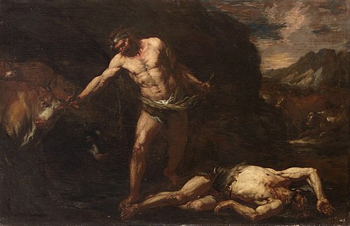 Hercules tötet den Riesen Cacus und raubt die Rinder des Geryoneus, , Giovan Battista Langetti