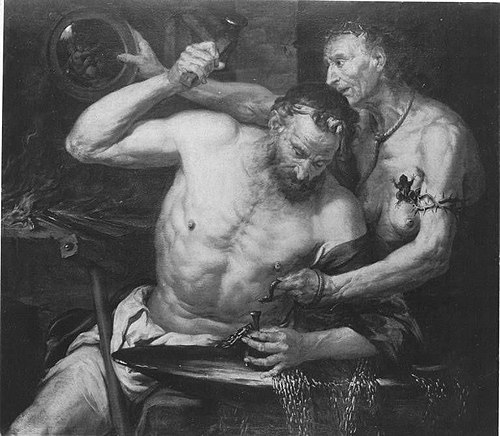 Vulcan forges the net for Venus and Mars, 1655, Giovan Battista Langetti
