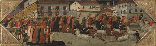 Panel from a Cassone: The Race of the Berberi Palio in the Streets of Florence, 1418, Maestro della Crocifissione Gr