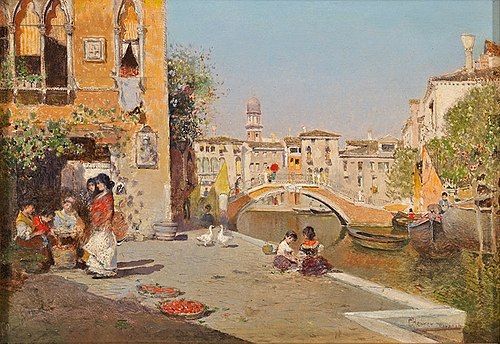 Sommerliche Szene an einem Kanal in Venedig., 1919, César Herrer