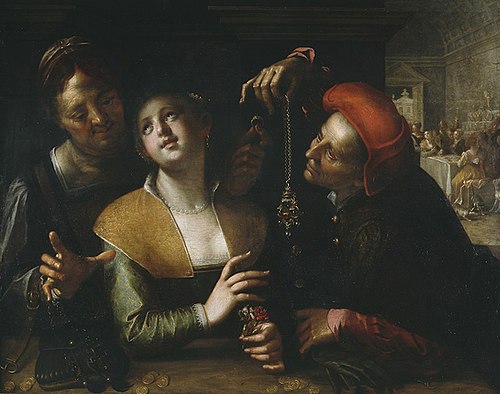Procuress, young woman and a man in an interior, 1600, Hans von Aachen