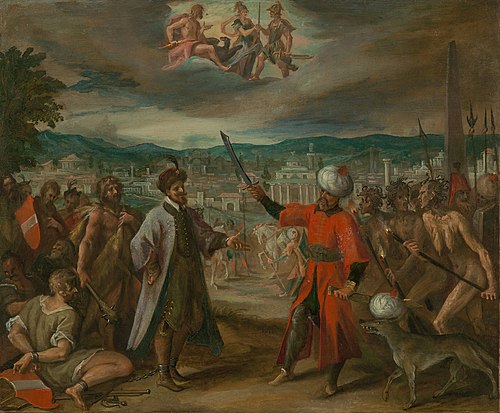 Cinq Allégories des Guerres turques : déclaration de guerre devant Constantinople, 1603, Hans von Aachen