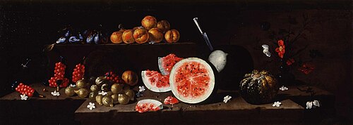 Still life with watermelons, pumpkin and flowers, 1675, Giuseppe Recco