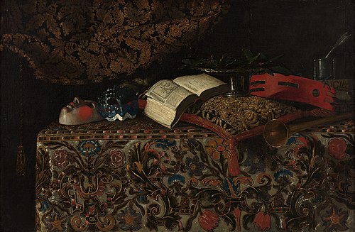 Still life with masks, books and musical instruments, 1664, Giuseppe Recco