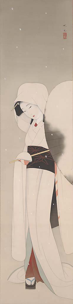 Woman with Parasol in Falling Snow, , Mori Ippō
