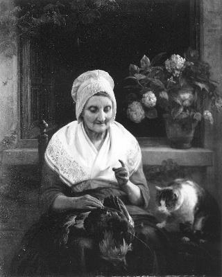 Een oude vrouw plukt een haan, 1846, Joseph Laurent Dyckmans