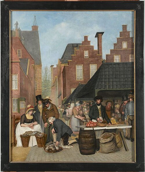 Gezicht op voormalige Vismarkt te Leeuwarden, met doorkijk op Koningsstraat, 1824, Willem Bartel van der Kooi