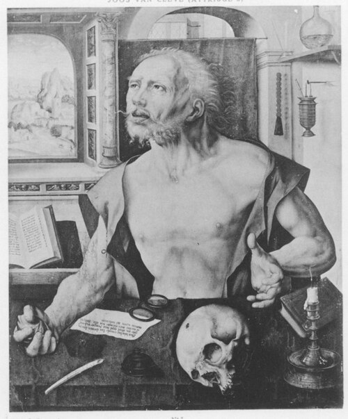De boetvaardige Hieronymus in zijn studeervertrek, 1549, Joos van Cleve