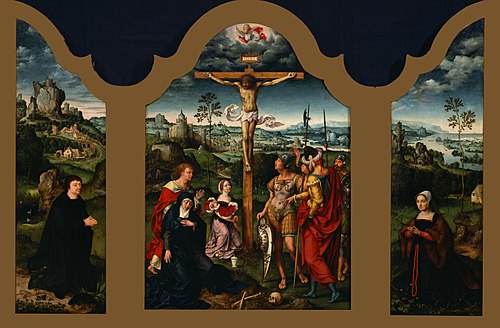 Triptych: The Crucifixion Flanked by the Kneeling Donor and His Wife, 1515, Joos van Cleve