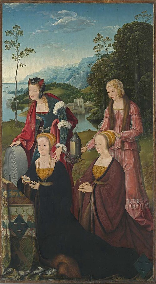 Marientod Altar: Saints Christina and Gudula with donors Christina and Sibilla Hackeney behind outsi, 1519, Joos van Cleve