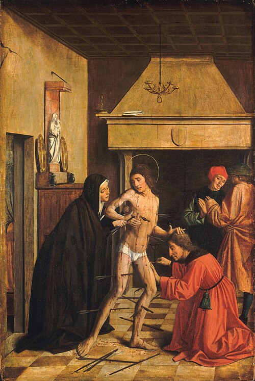 Saint Sébastien soigné par sainte Irène, 1497, Josse Lieferinxe