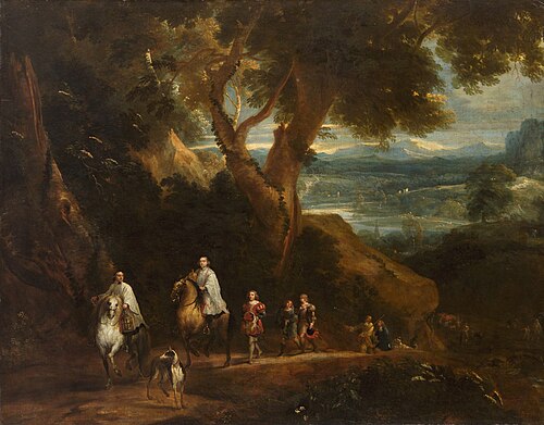 Landscape with Rudolf von Habsburg and the priest, 1650, Gonzales Coques