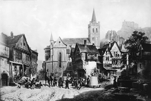 Der Marktplatz in Bacharach, 1863, Johann Gottfried Pulian