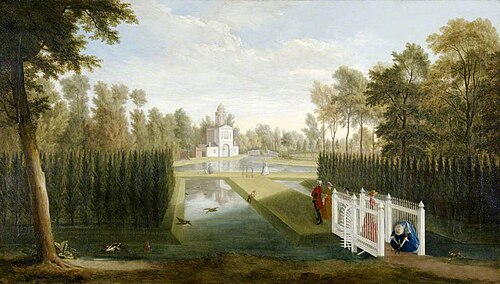 A View of Chiswick House Gardens (towards the rear of the Bagnio from south of the upper river), 1728, Pieter Andreas Rijsbrack