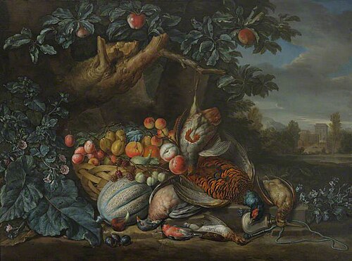 Dead Game and a Basket of Fruit in a Woodland Setting, , Pieter Andreas Rijsbrack