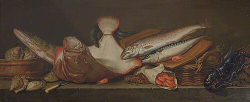 Still Life of Lobsters, Mackerel and Other Fish on a Ledge, , Pieter Andreas Rijsbrack