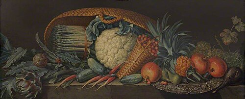 Still Life of Vegetables, a Pineapple and Other Fruit with a Silver Platter on a Ledge, , Pieter Andreas Rijsbrack