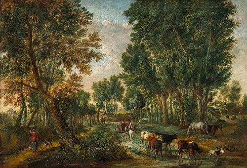 Wooded landscape with travelers and animals near a fording, 1729, Pieter Andreas Rijsbrack