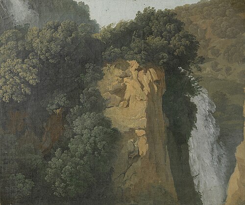 Overgrown Cliffs with a Waterfall in Italy, perhaps at Tivoli, 1805, Hendrik Voogd