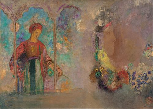 Woman in a gothic arcade- woman with flowers, 1905, Odilon Redon