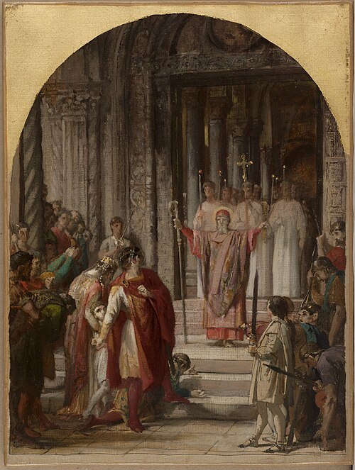 Esquisse pour l'église Saint-Ambroise: Saint Ambroise interdit l'entrée du lieu saint à l'empereur T, 1873, Jules-Eugène Lenepveu