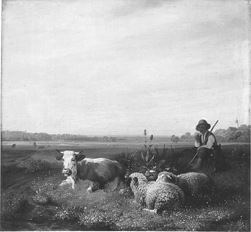 Hirtenjunge mit Kuh und Schafen auf der Weide, 1835, Sebastian Habenschaden