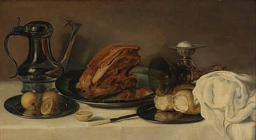 Still life with a pewter jug, ham, lemons, bread, salt cellar and bekerschroef, 1627, Franchoys Elout