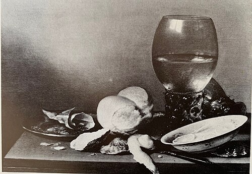 Still life with roemer, oysters, lemon, twist of pepper and kraak porcelain, 1634, Franchoys Elout