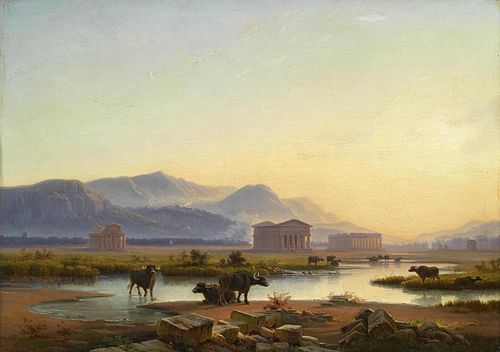 Vue des temples de Paestum dans la lumière du soir / Buffles dans la campagne, 1854, Edmund Hottenroth