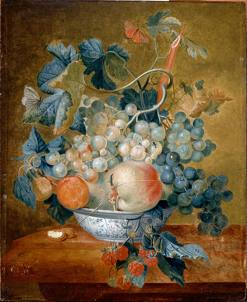 A Delft Bowl with Fruit, 1729, Francina Margaretha van Huysum