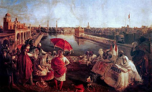 Maharaja Ranjit Singh listening to Granth Sahib being recited near the Golden Temple., 1850, August Schoefft