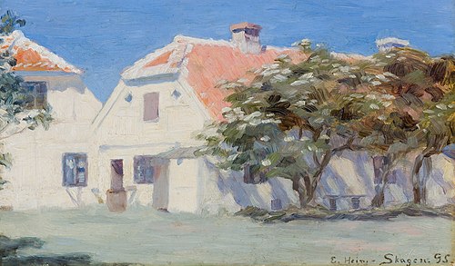 Houses and elder trees. Skagen Vesterby., 1895, Einar Hein