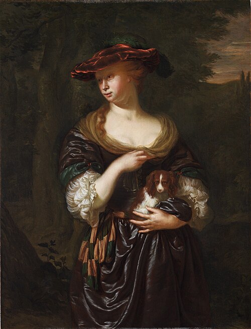Woman Holding a Dog in a Landscape, 1684, Jan van Mieris