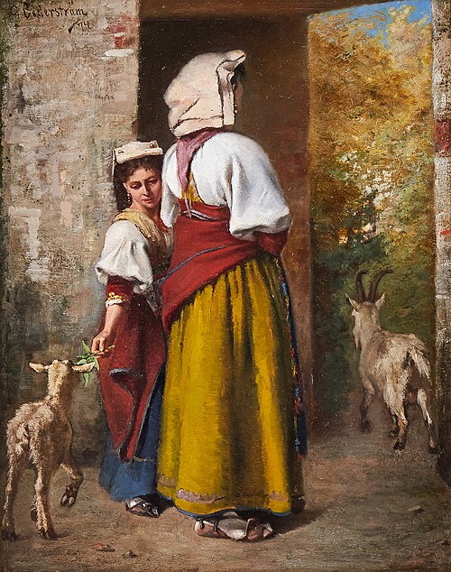 Woman and young girl with goats at a doorway, 1874, Gustaf Cederström
