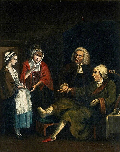 A Physician (William Cullen?) Taking the Pulse of a Gouty Bachelor as He Receives a Paternity Claim, , John Kay