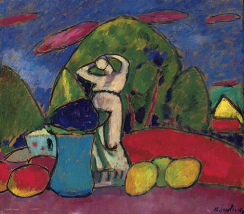 Stilleben mit Figur, Früchten und Landschaft, 1909, Alexej von Jawlensky