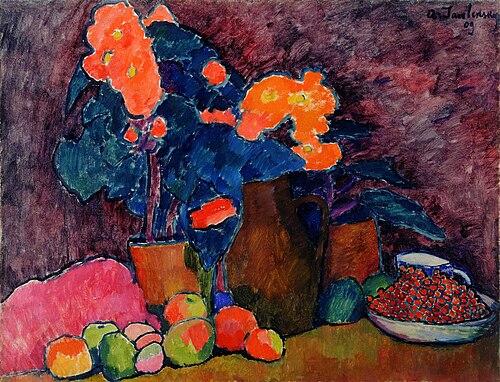 Flowers, fruit and jug, 1909, Alexej von Jawlensky