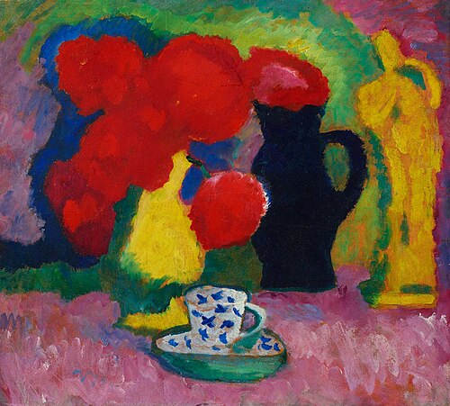 Stillleben mit roten Blumen (Gelbe Figur und Tasse), 1910, Alexej von Jawlensky