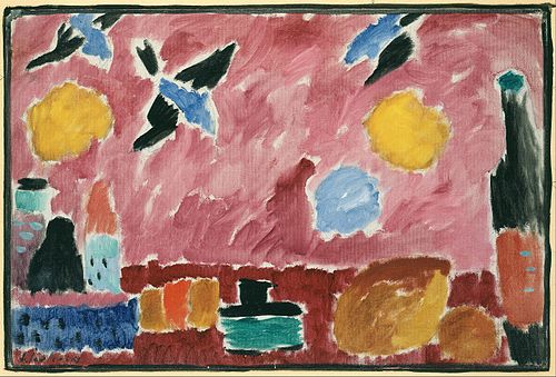 Still Life with Bottle, Bread and red Wallpaper with Swallows, 1915, Alexej von Jawlensky