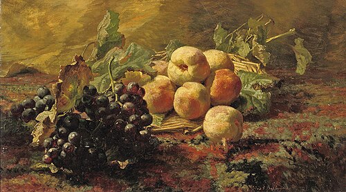 Blue grapes and peaches in a wicker basket, , Gerardina Jacoba van de Sande 