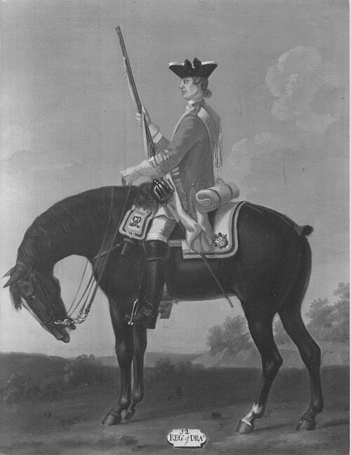 Private, 12th Dragoons, 1751, 1755, David Morier
