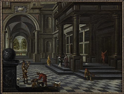 Interieur van een renaissance paleis met figuren, 1650, Daniel de Blieck