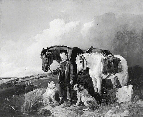Boy Leading a Riding Horse and a Pony with Hares at the Saddle, and Three Dogs, in an Open Landscape, 1841, Richard Ansdell
