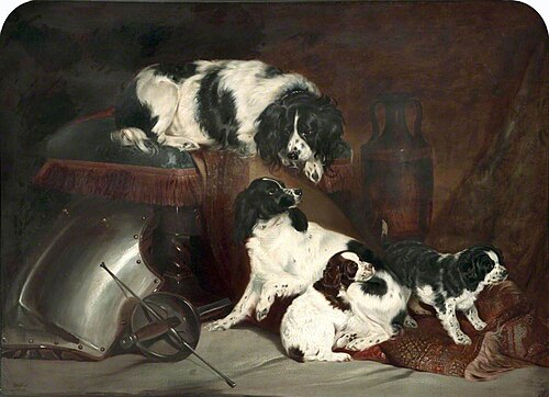 Two King Charles Spaniels and Their Pups, 1842, Richard Ansdell