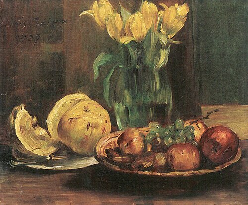 Stillleben mit gelben Tulpen, Äpfeln und Grapefruit, 1909, Lovis Corinth